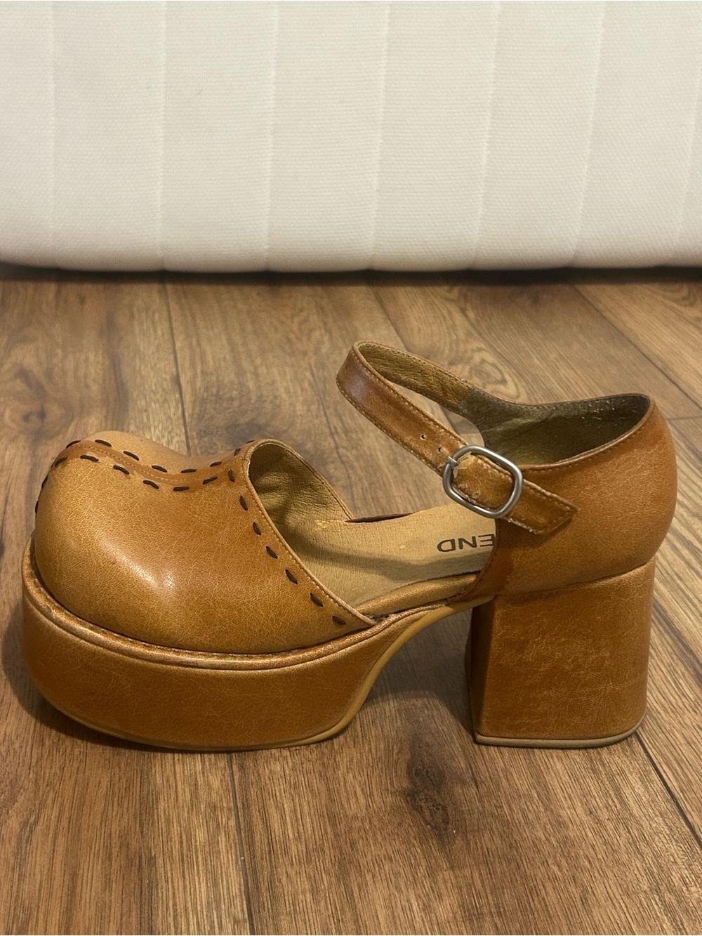 Classic Tan Platform Mary Jane Heels with Ankle Strap